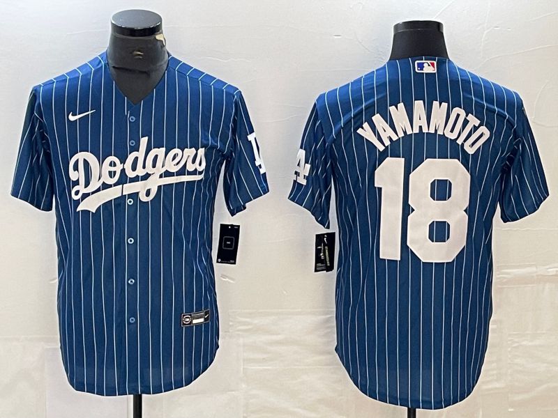 Men Los Angeles Dodgers 18 Yamamoto Blue stripe Nike Game MLB Jersey style 7